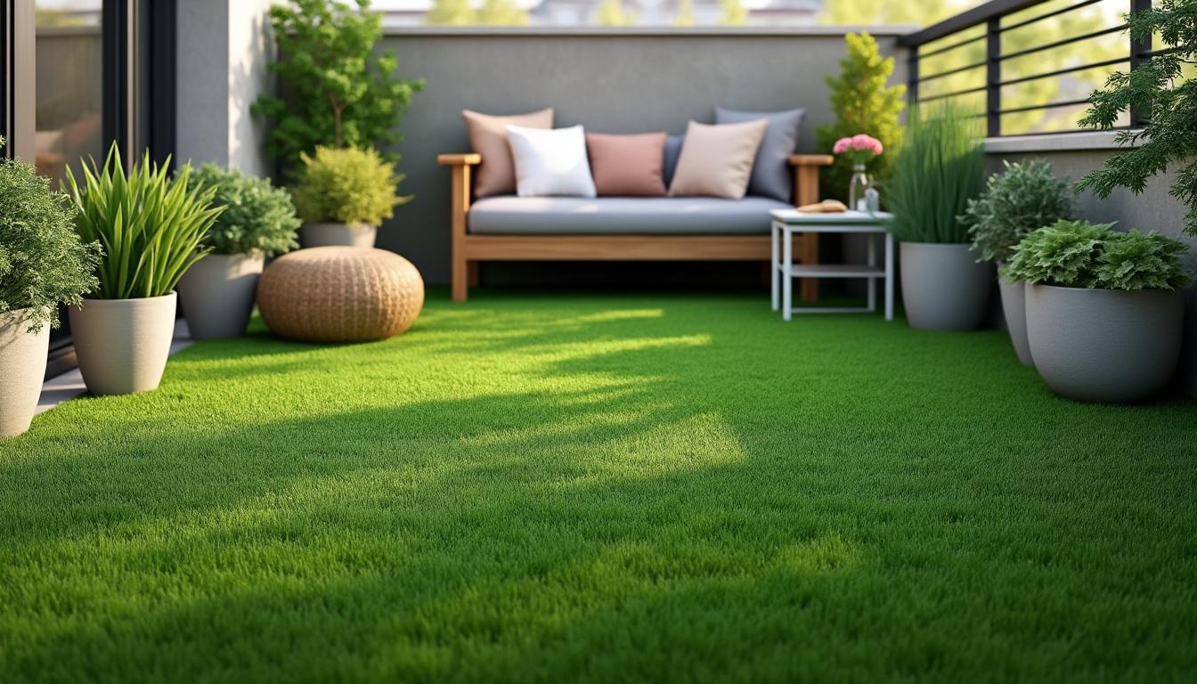 découvrez notre gazon synthétique spécialement conçu pour les balcons exposés au nord, offrant une solution parfaite pour un espace verdoyant même sans soleil direct.